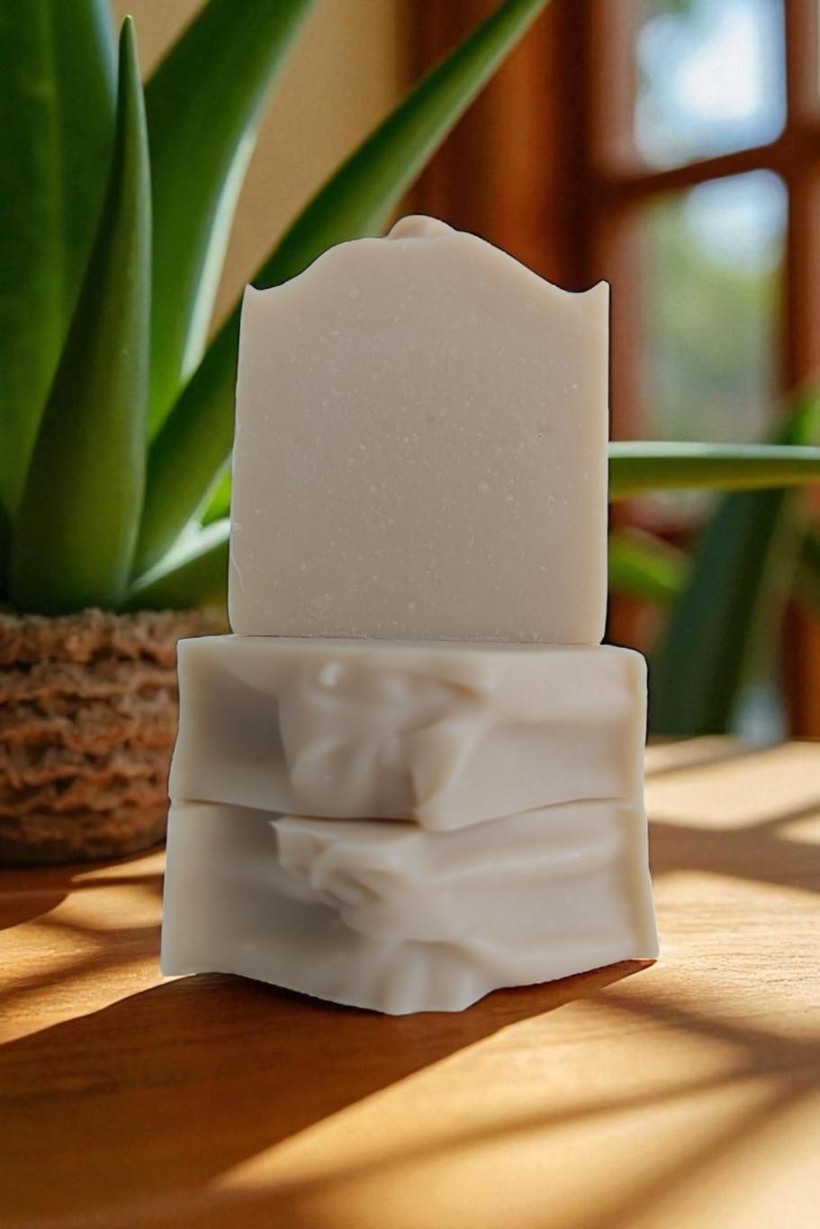 Simple and Clean Soap A minimalist soap on a wooden surface, with a green plant in the background.